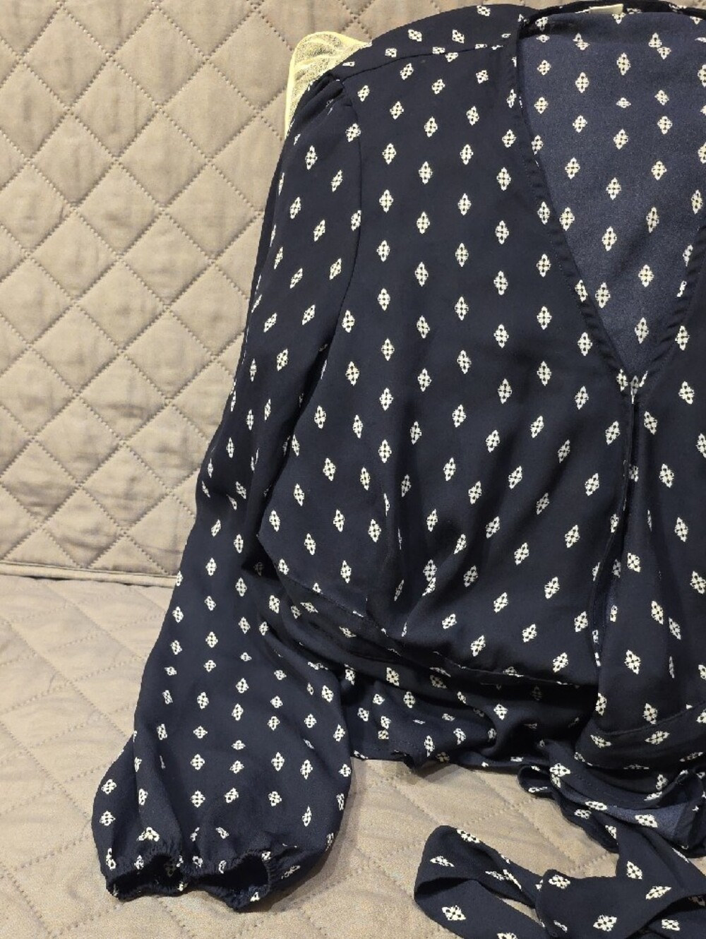 Vixbe Jilee Navy Diamond Printed V-Neck Tie-Waist Wrap Blouse - Picture 10 of 11
